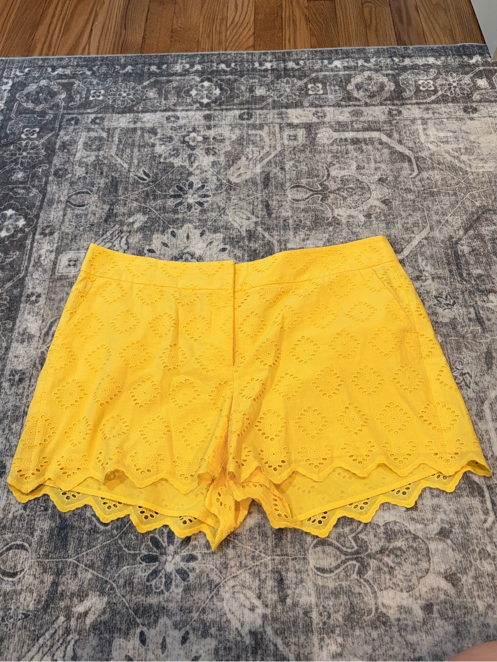 crown & ivy Yellow Eyelet High-Waist Scalloped Shorts